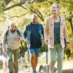 Hiking, elderly and people, happy outdoor with nature, fitness and fun in park, exercise group trekking in Boston. Diversity, friends and happiness with hike, active lifestyle motivation and senior