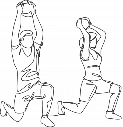 simple schwarz-weiß Skizze mit zwei Personen beim Training, die Bälle über ihren Kopf halten